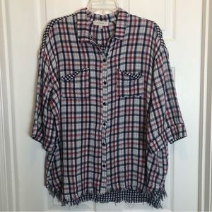 Umgee USA Plaid Distressed Short Sleeve Blouse. Size 1XL